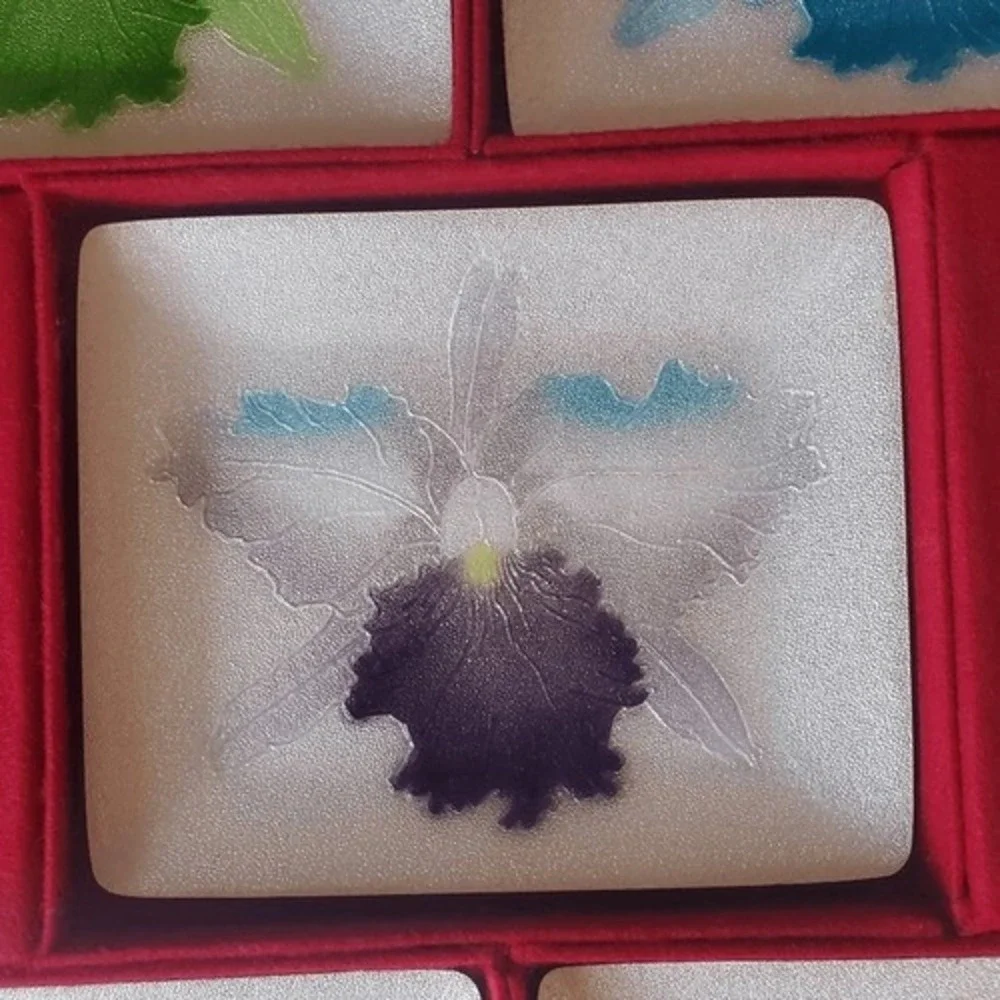 HISHIRO Japanese Cloisonne Sushi Dishes Set 5 Floral Enamel Plates Boxed